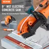 A person wearing gloves is holding a wet electric concrete saw, with a diagram showing different materials it can cut. Anteprima dell’immagine prodotto