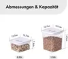 Two clear plastic food storage containers with white lids, one filled with pistachios and the other with small beans, with dimensions and capacities indicated by lines and text. Produktbild-Vorschau