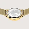 Close-up of the back of a gold-colored watch with a mesh band. Produktbild-Vorschau