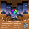 Multiple smartphone screens displaying an app interface for controlling lights, with a QR code and feature descriptions at the bottom. Voir les images du produit