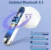A close-up marketing image of a white wireless earbud, highlighting its Bluetooth 5.3 technology and features. Produktbild-Vorschau