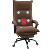 A brown massage office chair with a footrest, shown from the front on a white background. The chair has glowing blue circles and a red grid with arrows indicating massage points. Produktbild-Vorschau