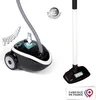 A toy vacuum cleaner and its wand are shown against a white background. The vacuum cleaner is black with white and blue accents. The wand is white with a black handle and a black base. There are graphic elements and text on the image. Náhled obrázku produktu