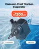 A submersible pump is shown partially submerged in water, with water splashing around it. Text overlays highlight product features and specifications. Produktbild-Vorschau