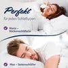 A split image showing a woman sleeping on her back and a man sleeping on his side, with text overlay indicating suitability for different sleeping types. Produktbild-Vorschau