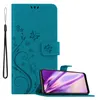 A teal flip phone case with a floral and butterfly design is shown open, with a smartphone inserted into it. Náhled obrázku produktu