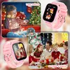 Collage of images showing a pink smartwatch, a girl with Christmas lights, and a family celebrating Christmas. Produktbild-Vorschau