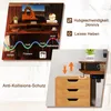 A collage of images showing a desk setup and a close-up of a drawer unit with an anti-collision feature. Produktbild-Vorschau