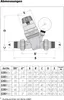 A technical diagram showing the dimensions and specifications of a pressure reducing valve, with a table of product details. Podgląd zdjęcia produktu