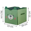 A green toy storage bin with a bear face design, showing its dimensions. Náhled obrázku produktu