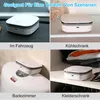 Collage showing a portable air purifier in different settings: in a car, in a refrigerator, on a toilet, and in a closet. Produktbild-Vorschau