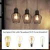 A collage showing three black pendant lights hanging from the ceiling and four different types of light bulbs below. Produktbild-Vorschau