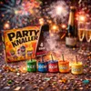 A box of fireworks and several lit firecrackers are on a surface covered in confetti, with champagne glasses and a bottle in the background, and fireworks in the sky. Produktbild-Vorschau