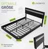 A diagram of a black bed frame with dimensions and features highlighted. Náhľad obrázku produktu
