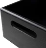 A close-up view of a black wooden crate with a handle cut out of the side. Produktbild-Vorschau