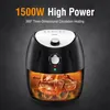 A black air fryer with a roasted chicken inside, set against a dark gray background with promotional text. Produktbild-Vorschau