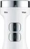 Close-up of the top part of a white hand blender, showing the speed control dial and two buttons. Produktbild-Vorschau