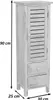 A tall, narrow white cabinet with louvered door and two drawers, shown with dimensions indicated by arrows and text. Produktbild-Vorschau