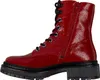 A red patent leather boot with black laces and a black sole is shown from the side against a white background. Produktbild-Vorschau