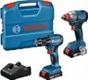 A set of Bosch power tools including a drill, an impact driver, a charger, and a carrying case, displayed against a white background. Produktbild-Vorschau
