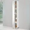 A tall, narrow white cabinet with its door slightly ajar, revealing several shelves stocked with various bathroom items. Produktbild-Vorschau