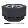 A black hexagonal fire pit with a silver interior and a black poker tool in front of it, all on a white background. Náhled obrázku produktu