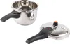 A stainless steel pressure cooker and its lid are displayed separately against a white background. Produktbild-Vorschau