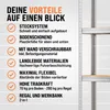 A list of product advantages with icons and text, next to a partial view of a metal shelf unit. Produktbild-Vorschau