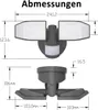Diagrams showing the dimensions of a gray LED floodlight with a motion sensor. Produktbild-Vorschau