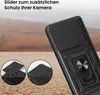 A black phone case with a camera slider and ring stand is shown in a desert-like environment. Produktbild-Vorschau