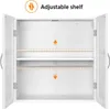 Open white cabinet with two shelves. Arrows indicate adjustable shelf height. Produktbild-Vorschau