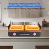 A Medion dual-zone table grill is shown on a kitchen counter, with its heating elements glowing orange. Produktbild-Vorschau