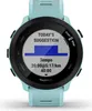 A close-up view of a Garmin Forerunner 55 smartwatch with a turquoise band, displaying a workout suggestion on its screen. Podgląd zdjęcia produktu