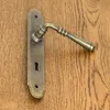 A close-up shot of a brass door handle with a long escutcheon plate, mounted on a wooden door. Produktbild-Vorschau