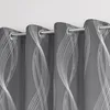 A close-up view of dark gray curtains with a white wavy pattern, hanging from a metal rod. Produktbild-Vorschau