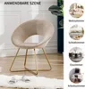 A beige velvet accent chair with gold metal legs is shown in a room, with smaller circular images on the right showcasing the chair in different settings like a living room, bedroom, dining room, and home office. Produktbild-Vorschau