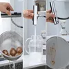A collage showing a kitchen faucet in use, demonstrating different spray functions and applications. Produktbild-Vorschau