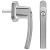 Two silver window handles are shown against a white background. One handle is shown from the side with its spindle extended, and the other is shown from the front with a keyhole. Produktbild-Vorschau
