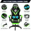 A gaming chair with various features highlighted by callouts. Produktbild-Vorschau