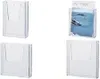 Four clear plastic brochure holders are displayed against a white background. One holder on the top right contains a magazine or brochure with a picture of the sea. Produktbild-Vorschau