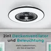 A modern ceiling fan with integrated LED lighting is mounted on a white ceiling. Text overlays provide product information. Produktbild-Vorschau