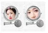 A split image showing two different views of a wall-mounted LED cosmetic mirror, each reflecting a woman's face. Produktbild-Vorschau