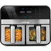 A dual-chamber air fryer with food in both baskets and a digital display showing cooking times.