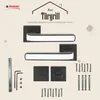 A product image showcasing a set of black and white door handles with accompanying hardware, presented against a light beige background with abstract graphic elements. Produktbild-Vorschau