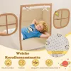 A young boy is sleeping in a play tent, with marketing text and icons below. Náhled obrázku produktu