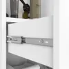 A close-up view of a white drawer with a metal slide mechanism. Produktbild-Vorschau