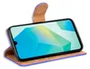 A smartphone in a blue flip case with a brown interior, displayed at an angle against a white background. Produktbild-Vorschau