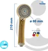 A gold-colored shower head with measurement indicators and accessory seals. Produktbild-Vorschau