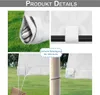 Collage of images showing details of a white garden curtain, including how it is weighted, attached to a rod, and secured to a pole. Náhled obrázku produktu