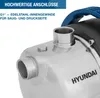 Close-up of a shiny metal pump with a blue handle, showing threaded connections and the Hyundai logo. Produktbild-Vorschau